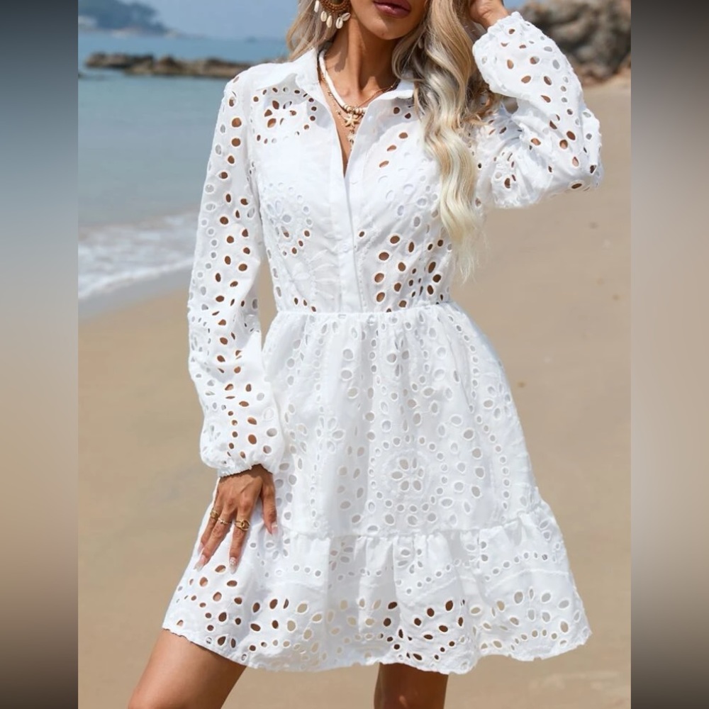 Boho embroidered lace ruffle hem shirt dress